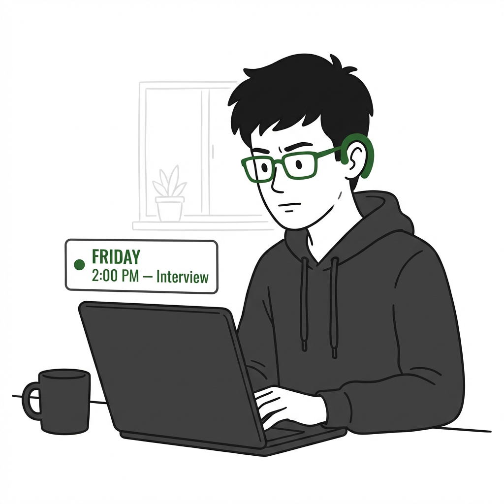 A young man at his desk looking at a calendar event for Friday 2 PM Interview